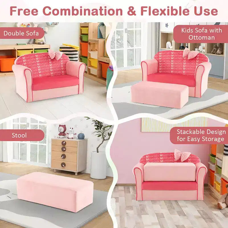 Canapé double pour enfants en velours avec pouf et accoudoirs Rose