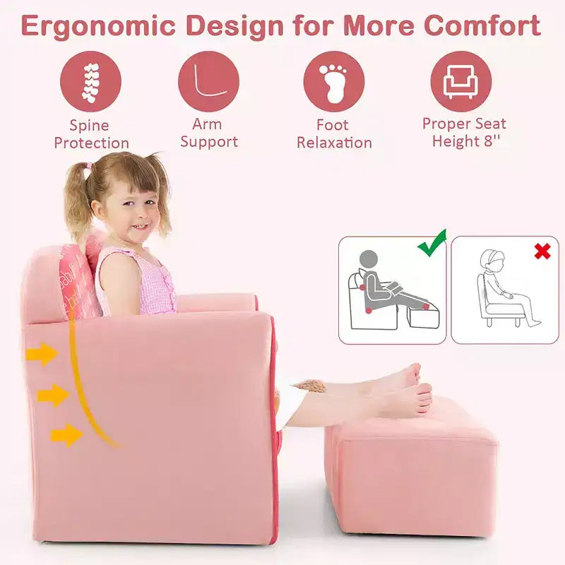 Canapé double pour enfants en velours avec pouf et accoudoirs Rose