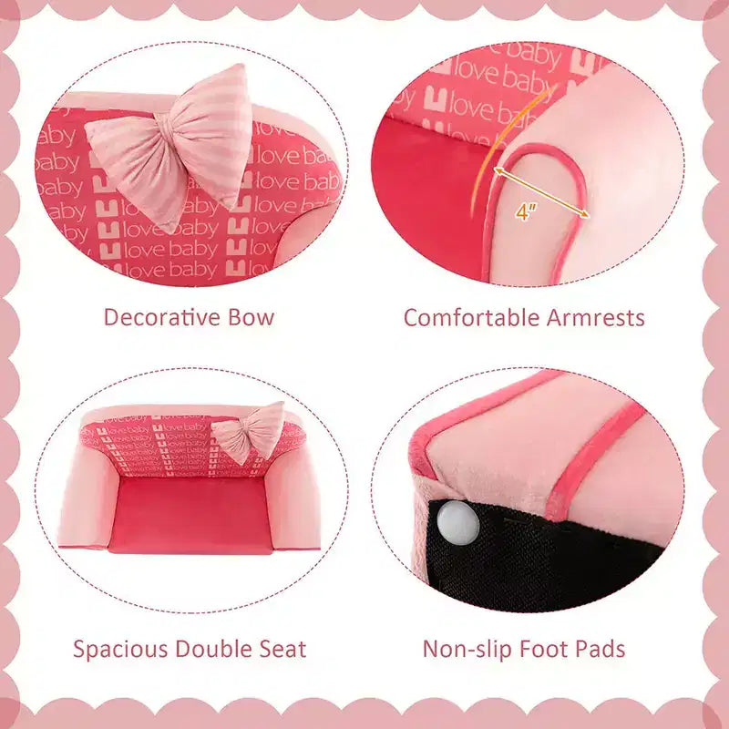 Canapé double pour enfants en velours avec pouf et accoudoirs Rose