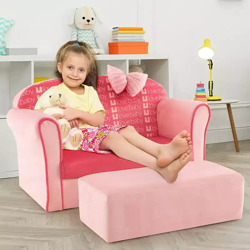 Canapé double pour enfants en velours avec pouf et accoudoirs Rose