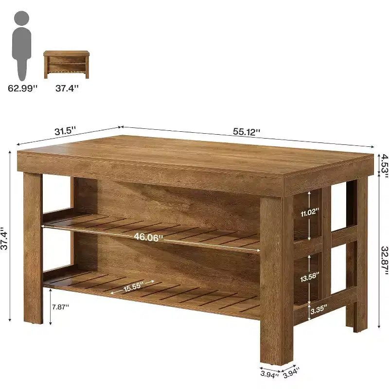 Îlot de cuisine avec rangement et sièges, Grande table d'îlot fixe en bois de style ferme pour cuisine salle à manger (Tout marron)