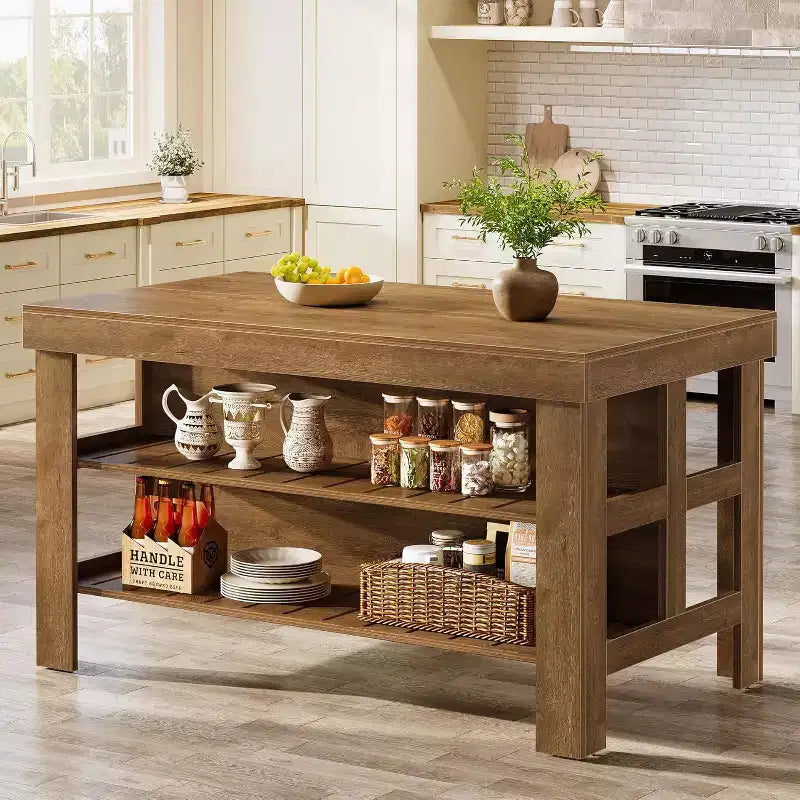 Îlot de cuisine avec rangement et sièges, Grande table d'îlot fixe en bois de style ferme pour cuisine salle à manger (Tout marron)