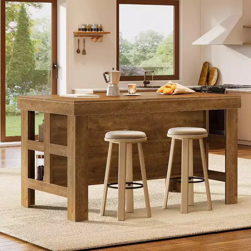 Îlot de cuisine avec rangement et sièges, Grande table d'îlot fixe en bois de style ferme pour cuisine salle à manger (Tout marron)