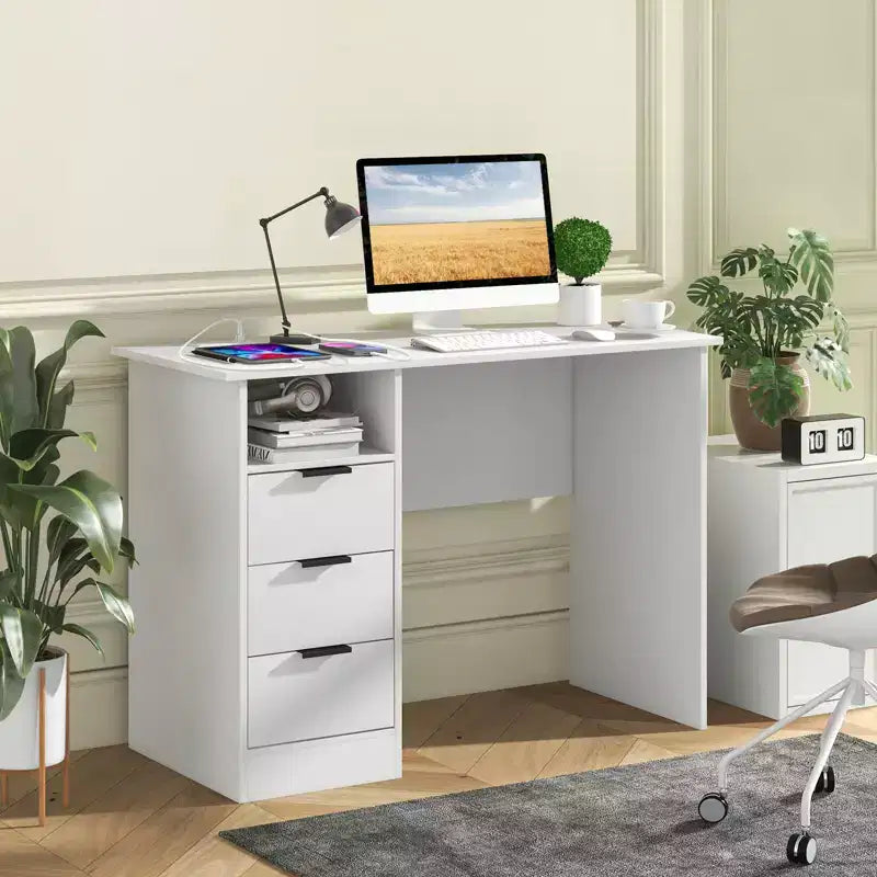 Bureau informatique de 42,5 po avec station de recharge intégrée, 3 tiroirs et étagère ouverte