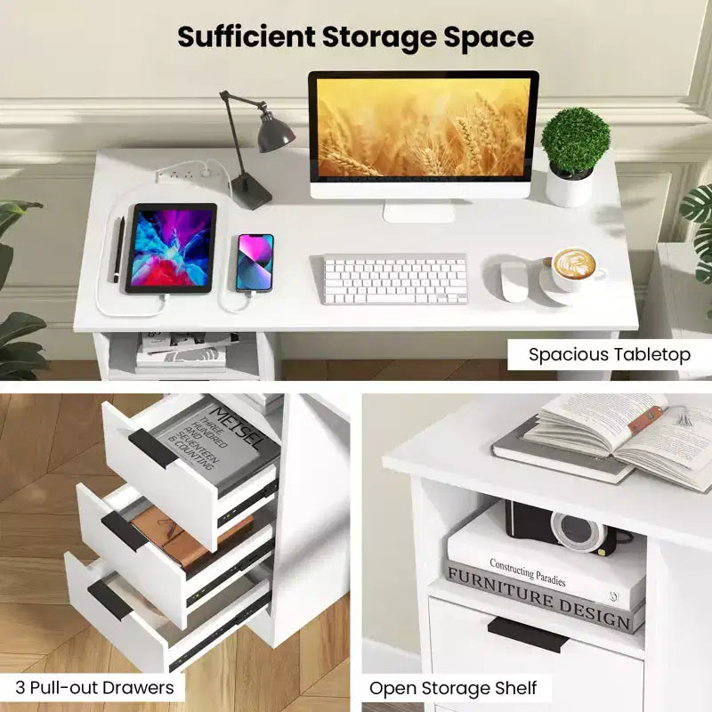 Bureau informatique de 42,5 po avec station de recharge intégrée, 3 tiroirs et étagère ouverte