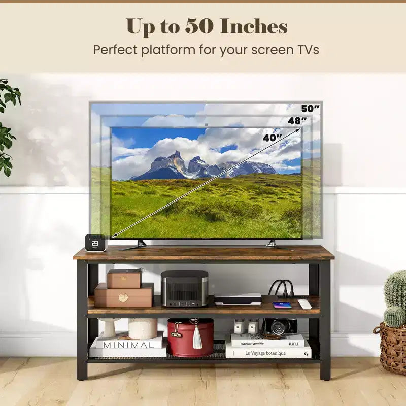 Meuble TV pour téléviseurs jusqu'à 50 pouces, console TV à 3 niveaux avec prises de courant, ports USB et étagères de rangement