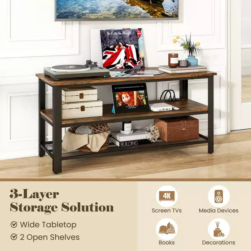 Meuble TV pour téléviseurs jusqu'à 50 pouces, console TV à 3 niveaux avec prises de courant, ports USB et étagères de rangement