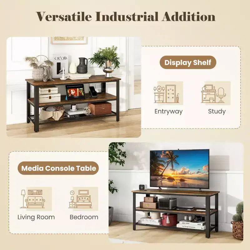 Meuble TV pour téléviseurs jusqu'à 50 pouces, console TV à 3 niveaux avec prises de courant, ports USB et étagères de rangement