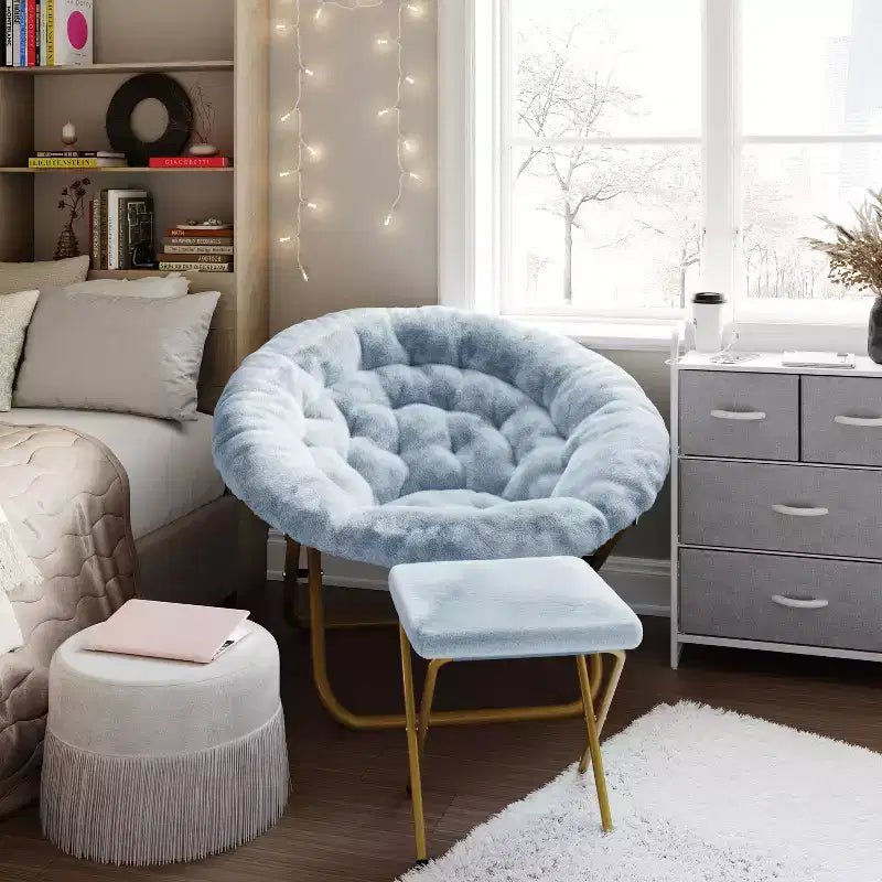 Fauteuil lune pliant surdimensionné en fausse fourrure, portable, de 96,5 cm, avec ottomane pliante pour dortoir et chambre