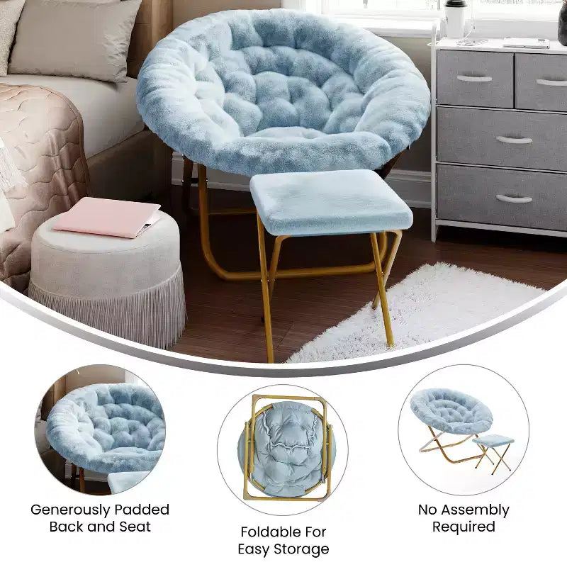 Fauteuil lune pliant surdimensionné en fausse fourrure, portable, de 96,5 cm, avec ottomane pliante pour dortoir et chambre