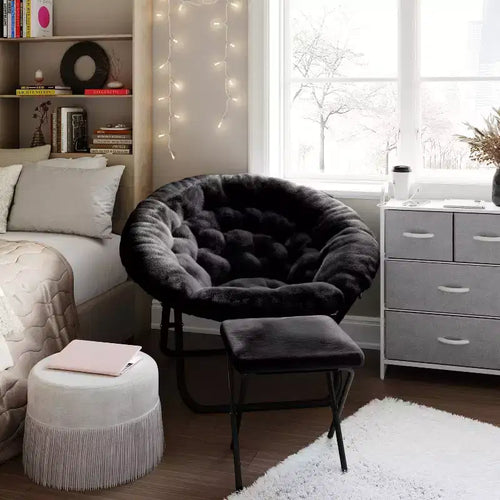 Fauteuil lune pliant surdimensionné en fausse fourrure, portable, de 96,5 cm, avec ottomane pliante pour dortoir et chambre