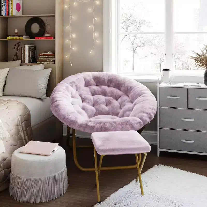 Fauteuil lune pliant surdimensionné en fausse fourrure, portable, de 96,5 cm, avec ottomane pliante pour dortoir et chambre
