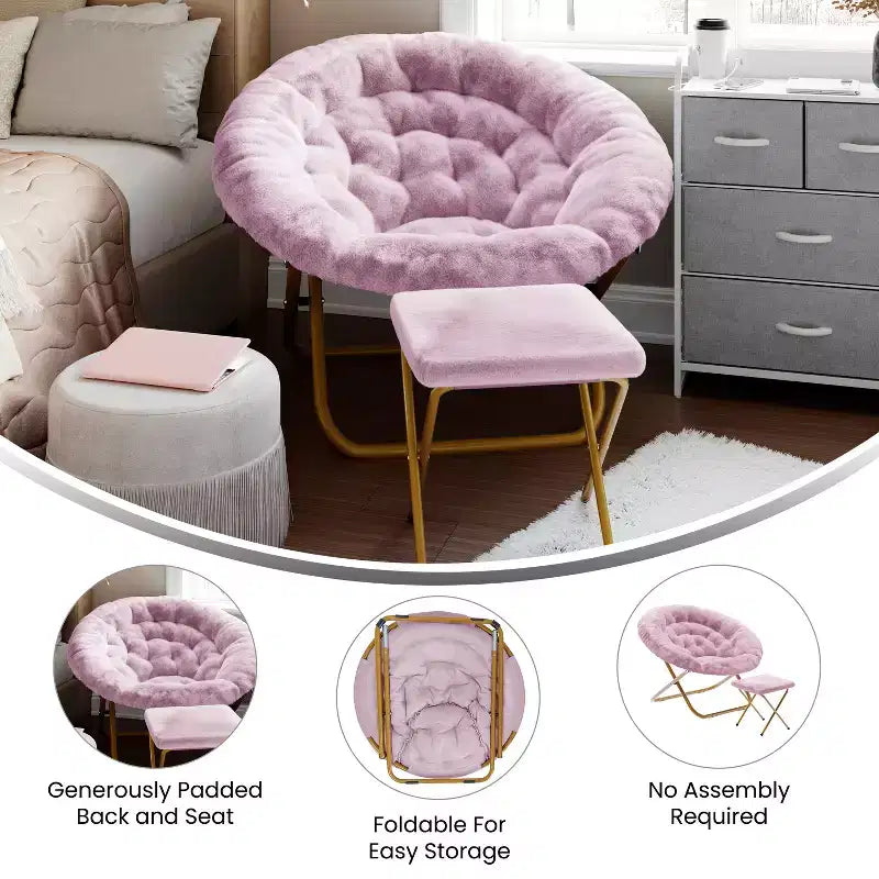 Fauteuil lune pliant surdimensionné en fausse fourrure, portable, de 96,5 cm, avec ottomane pliante pour dortoir et chambre