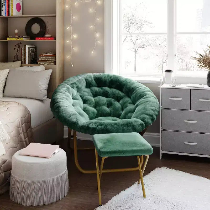 Fauteuil lune pliant surdimensionné en fausse fourrure, portable, de 96,5 cm, avec ottomane pliante pour dortoir et chambre