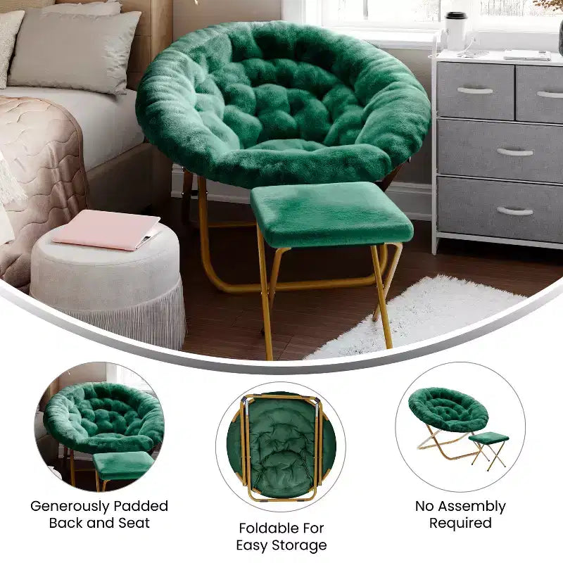 Fauteuil lune pliant surdimensionné en fausse fourrure, portable, de 96,5 cm, avec ottomane pliante pour dortoir et chambre
