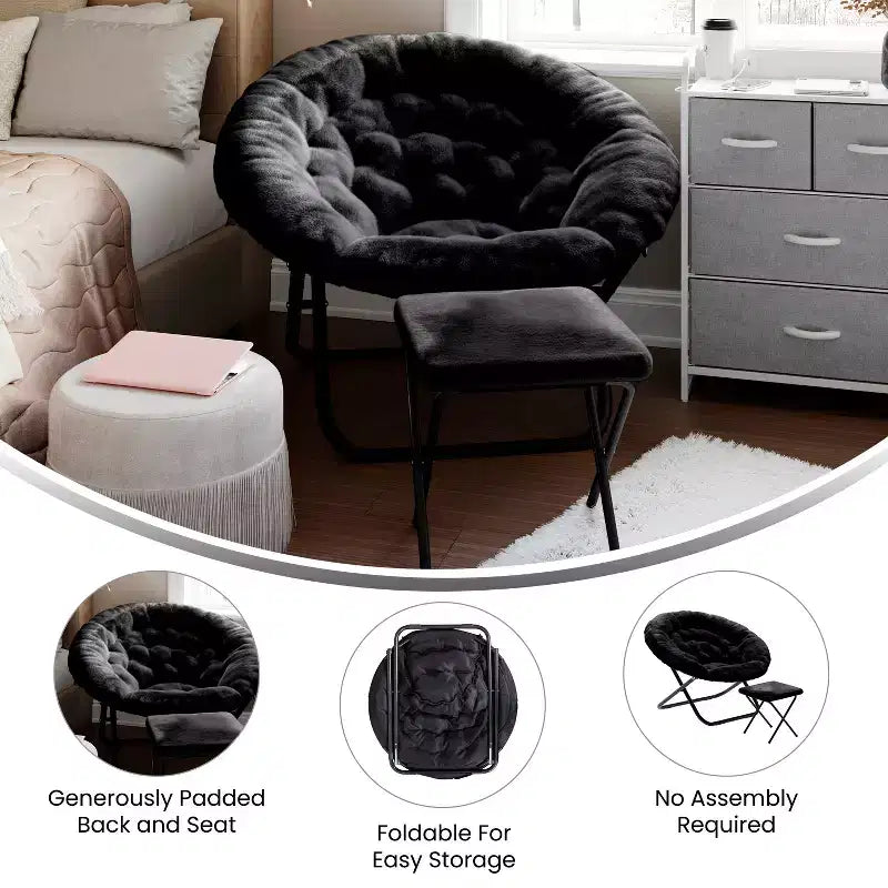 Fauteuil lune pliant surdimensionné en fausse fourrure, portable, de 96,5 cm, avec ottomane pliante pour dortoir et chambre