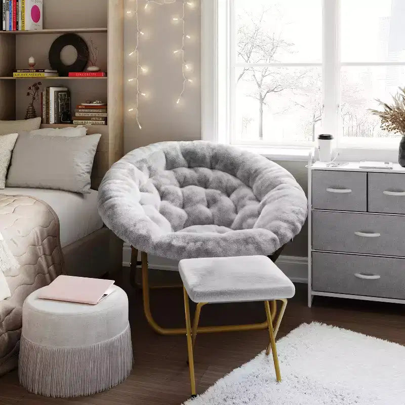 Fauteuil lune pliant surdimensionné en fausse fourrure, portable, de 96,5 cm, avec ottomane pliante pour dortoir et chambre