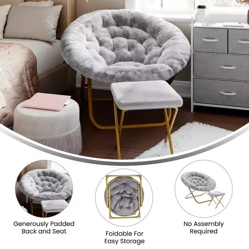 Fauteuil lune pliant surdimensionné en fausse fourrure, portable, de 96,5 cm, avec ottomane pliante pour dortoir et chambre