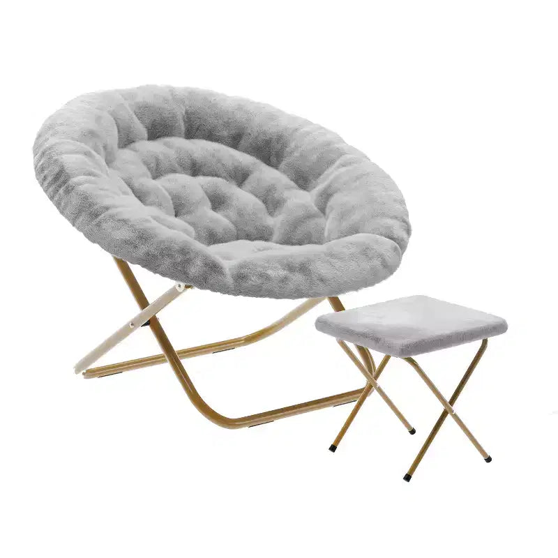 Fauteuil lune pliant surdimensionné en fausse fourrure, portable, de 96,5 cm, avec ottomane pliante pour dortoir et chambre