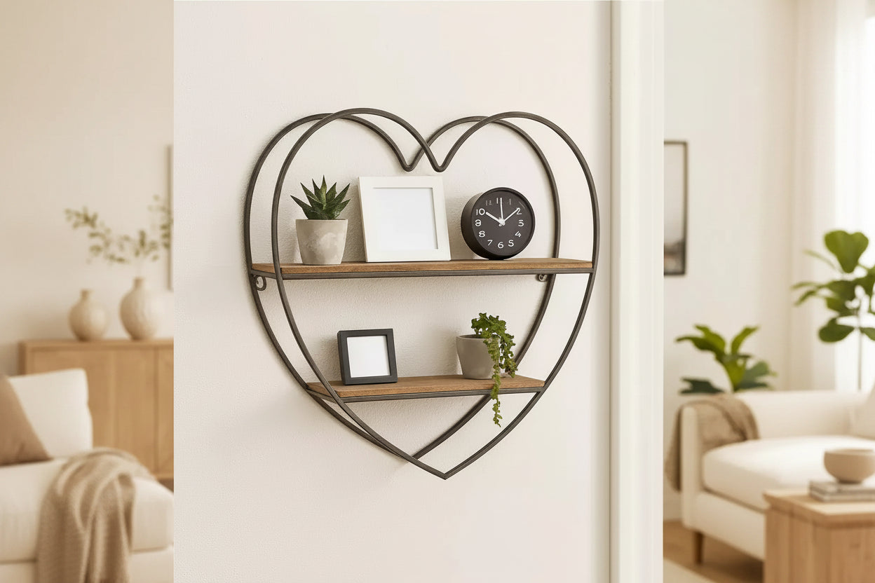Decorative Two Tier Heart Wall Shelf for Room and Home Decor - Wood and Metal Wall Decor for Bedroom, Living Room, and Bathroom - 20, Black