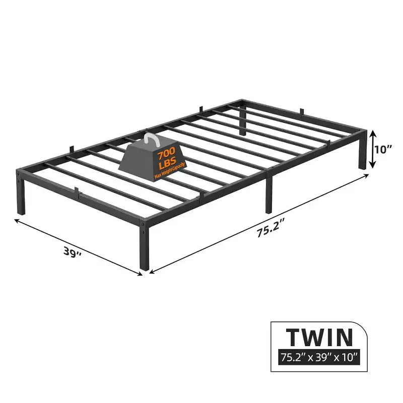 Cadre de lit 10 pouces pour grand lit/lit double/lit simple, cadre de lit plateforme en métal à profil bas, sans bruit, assemblage facile, noir